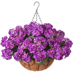INSPRING Geraniums Artificial Flowers Hanging Basket for Outdoors Outside Spring Decoration, 8 Bundles Silk Flowers Fake Plants Look Real UV Resistant for Porch Home Patio Balcony Yard, Purple
