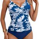B2prity Women's Ruched Tankini Swimsuits V Neck Wrap Tie Back Two Pieces Swimwear Tummy Control Bathing Suit (Navy Blue Leaf), Medium