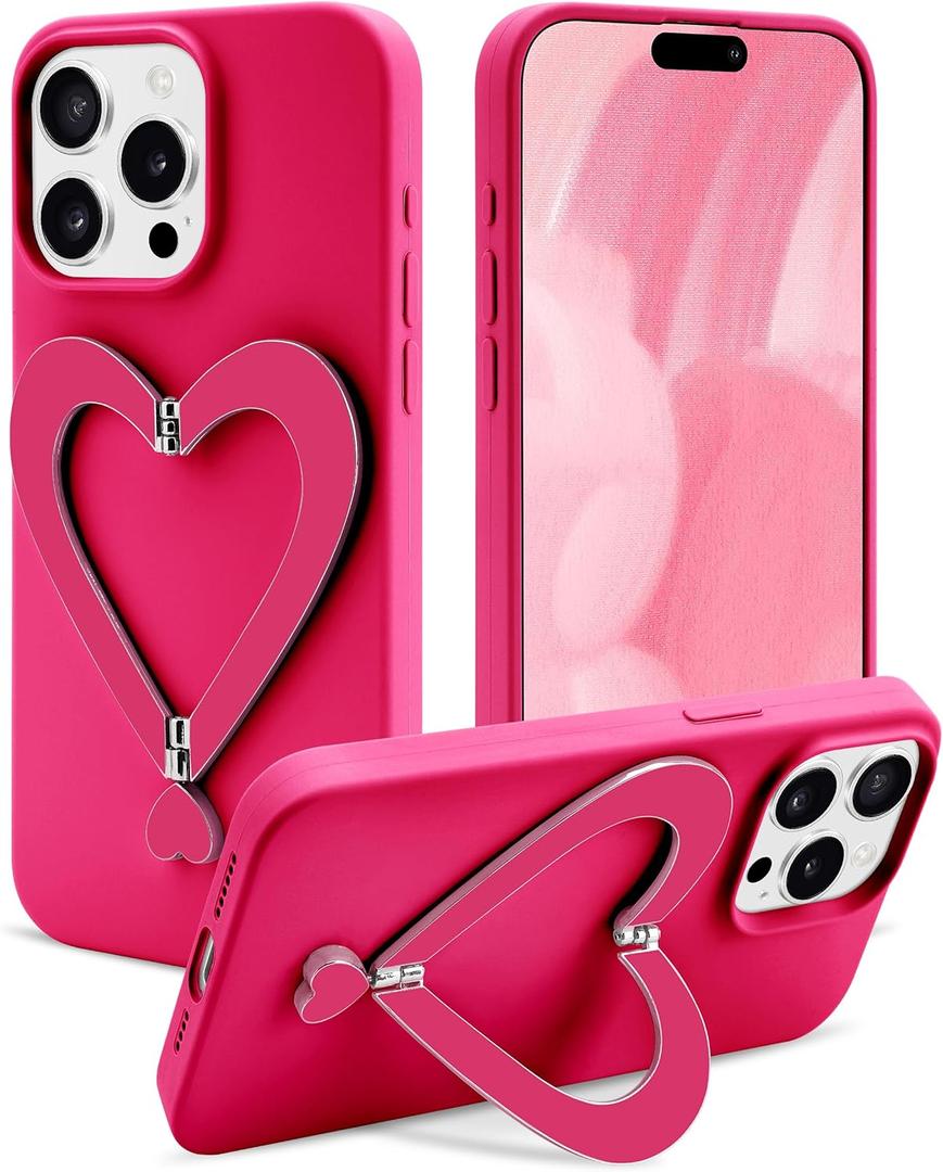 Jusy Case for iPhone 11 Pro Max, Cute Heart with 3D Heart Stand Slim Fit Liquid Silicone Soft Anti-Scratch Microfiber Lining Shockproof Protective Phone Cover for Girly Women Case - Hot Pink