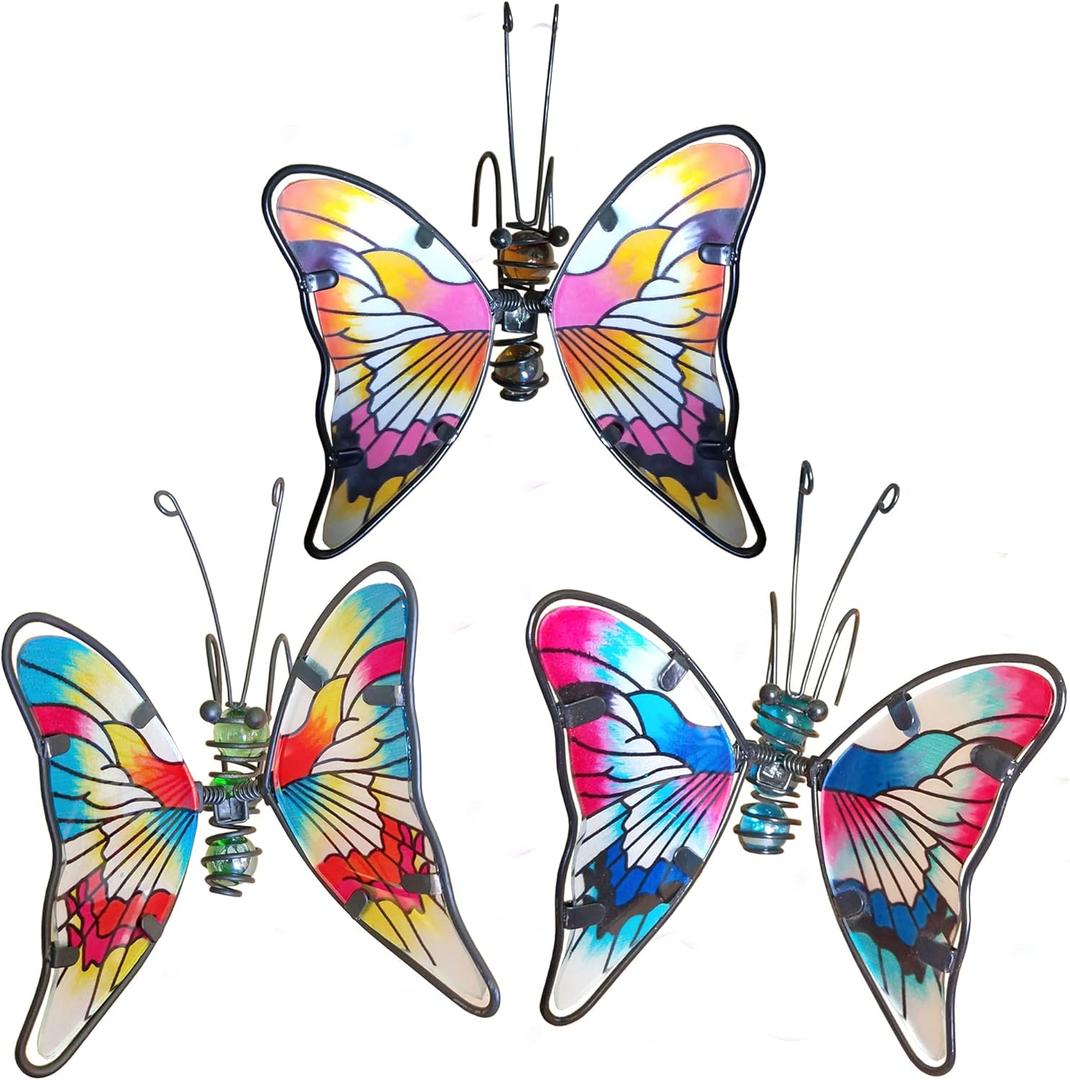 Metal Glass Butterfly hanging decor with Hook , Cute Insect Pot Percher,Flying Colorful Butterfly Garden Yard Planter Decoration and Window Ornament, 3 OF SET