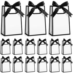 AmazingSpark 50 Pcs White Black Mini Gift Bags Bulk 6.3 x 3.9 x 2.8 Inch Party Favors Elegant Small Gift Bags with Handles and Ribbon Bows for Wedding Birthday Bridal Baby Shower Party Favors