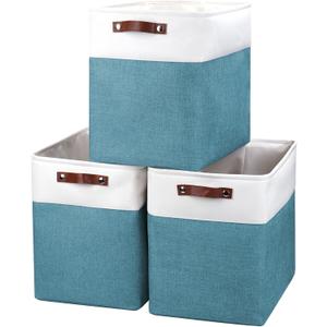 Bagnizer Large Fabric Storage Baskets | 50L Storage Bins, Decorative Linen Closet Baskets with Handles for Organizing, Shelf, Toys, Clothes, Home, Office, Nursery, 17x12x15Inches (Teal&White)