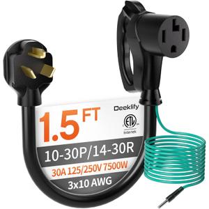 1.5 ft 10AWG 4 Prong to 3 Prong Dryer Adapter, 4 to 3 Prong Dryer Plug Adapter, NEMA 10-30P to 14-30R with Green Ground Wire, 30A 250V 7500W, Heavy Duty STW for Old Dryers, ETL Listed, Black