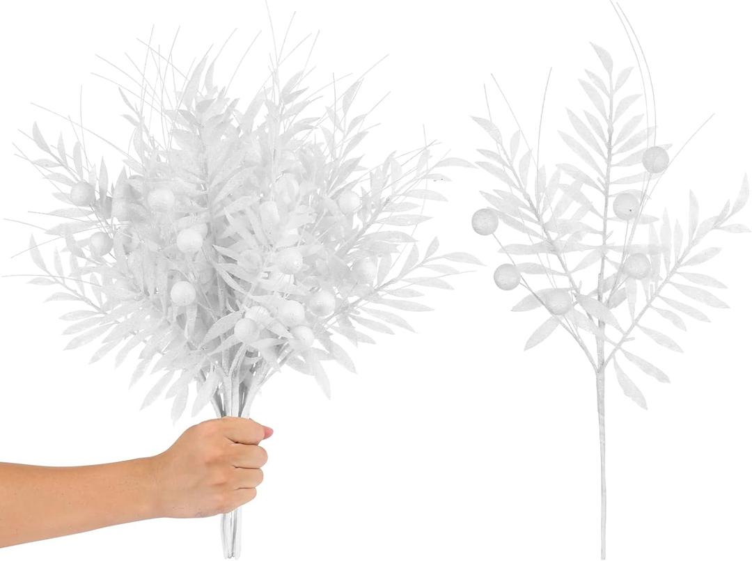 RoseCraft 10PCS Christmas Tree Decorations, Artificial Glitter Berry Stems Branches, for Christmas Tree Ornaments Picks Twigs Xmas Vase Filler Home Wedding Holiday Winter Decor. (White)