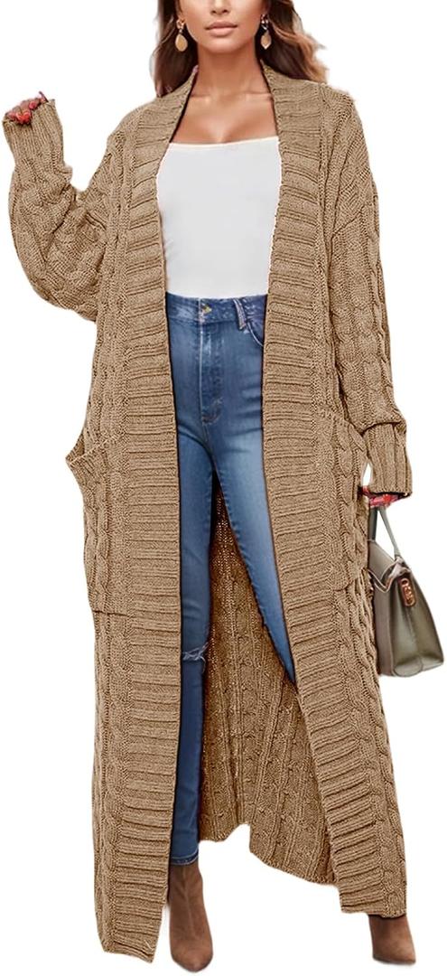 Long Cardigan Sweaters for Women 2026 Spring Fall Open Front Long Sleeve Clable Knit Sweater Coat with Pockets (Small, Khaki)