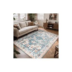 Boho Area Rugs 5x7 Washable Non-Slip,5 by 7 Low-Pile Retro Vintage Oriental Inspired Persian Style Bohemian Rug with Rubber Backing,Blue Carpet for Living Room,Bedroom,Dining Room Under Table,Office