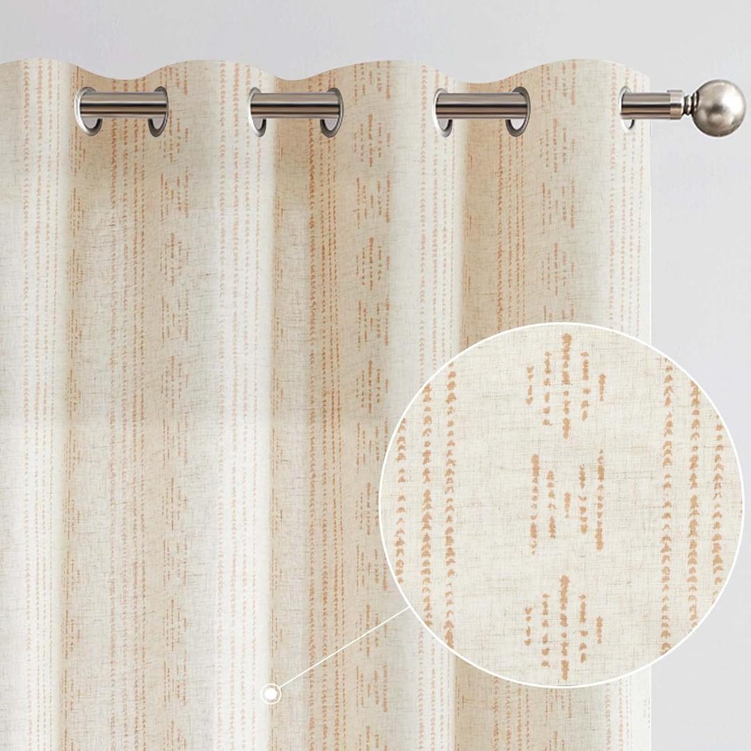 Jinchan Boho Linen Blend Curtains for Living Room & Bedroom - Tan on Beige Farmhouse 96 Inch Geometric Striped Mudcloth Light Filtering Grommet Curtains (2 Panels)