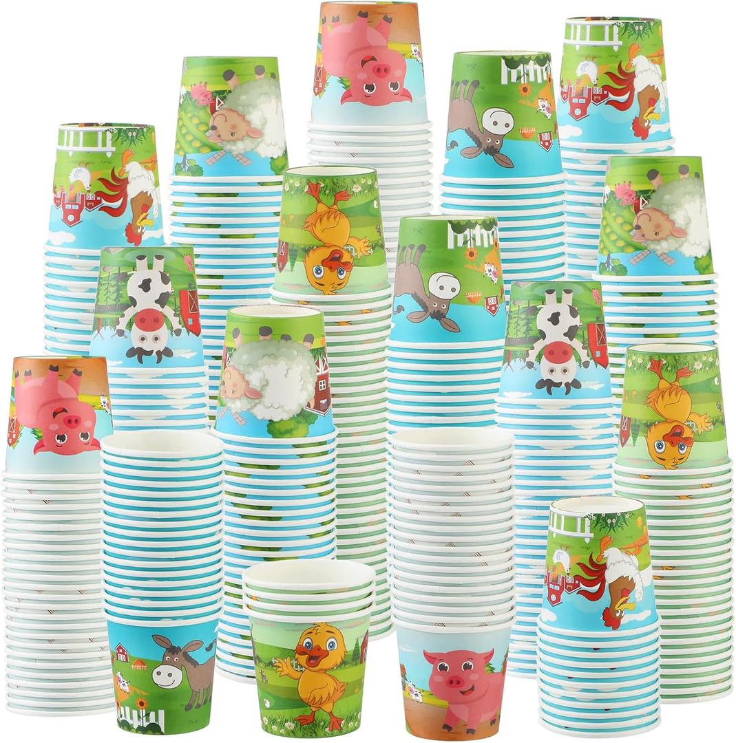 Amyhill 300 Pack 5 oz Cups for Kids Animals Paper Cups Disposable Cups Small Bathroom Cups Mini Mouthwash Cup Bulk for Christmas Party, Picnic (Farm Style)