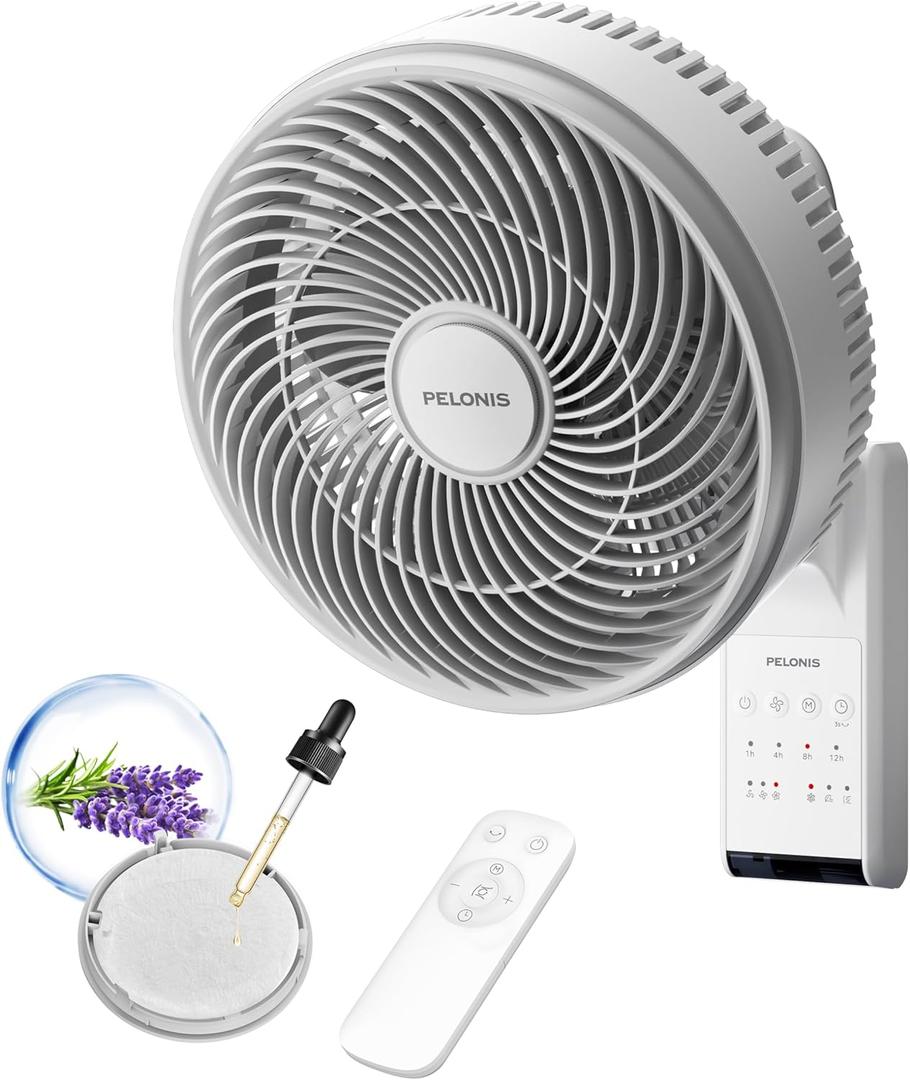 PELONIS 9 inch Wall Mount Fan with Remote Control, Oscillating Fan with 26ft Powerful Airflow, 3 Speed & 3 Modes, Auto 90° Horizontal & 68° Vertical Tilt, Indoor, 36dB, Ideal for Home, Garage, Gym