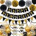 Happy New Years Decorations 2026, Black and Gold New Years Banner, Triangle Flag Banner and Hanging Swirls, Pompoms with Confetti Balloons, Glasses, Eve Party Supplies 2026