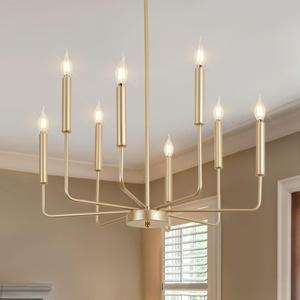 Modern Farmhouse Gold Chandelier, 8-Light Rustic Candle Chandelier, Industrial Hanging Chandeliers for Dining Room, Kitchen, Foyer, Entryway, Living Room