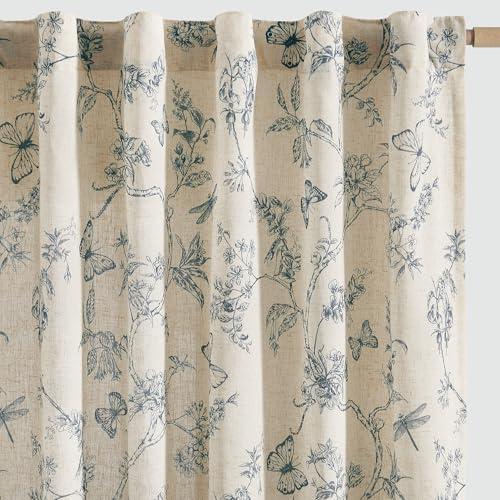 jinchan Floral Linen Curtains for Living Room 63 Inch Length Butterfly Blue Floral French Country Farmhouse Flower Patterned Drapes Back Tab Rod Pocket Set 2 Panels