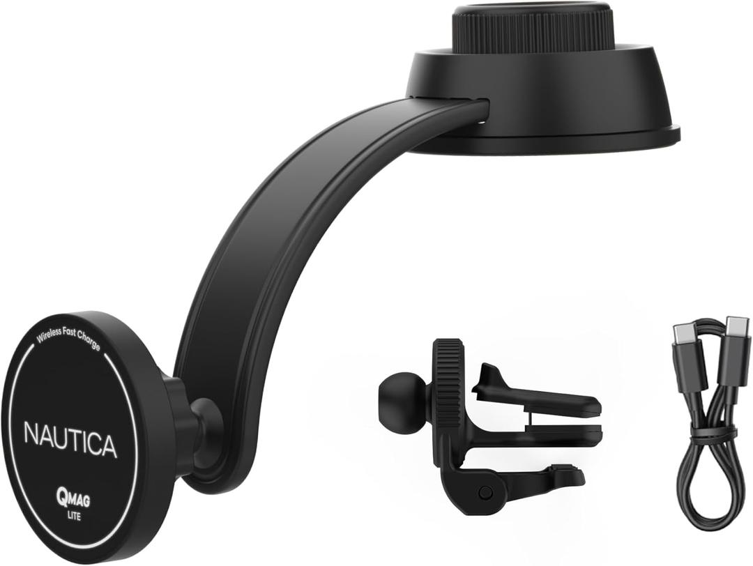 Nautica Turan QMAG Lite Wireless Magnetic Car Charger 15W, Universal Fast Charging Phone Mount, Dashboard & Vent Mount, 360 Rotation for iPhone 17, Galaxy S25, Pixel 10 & More Travel Accessories