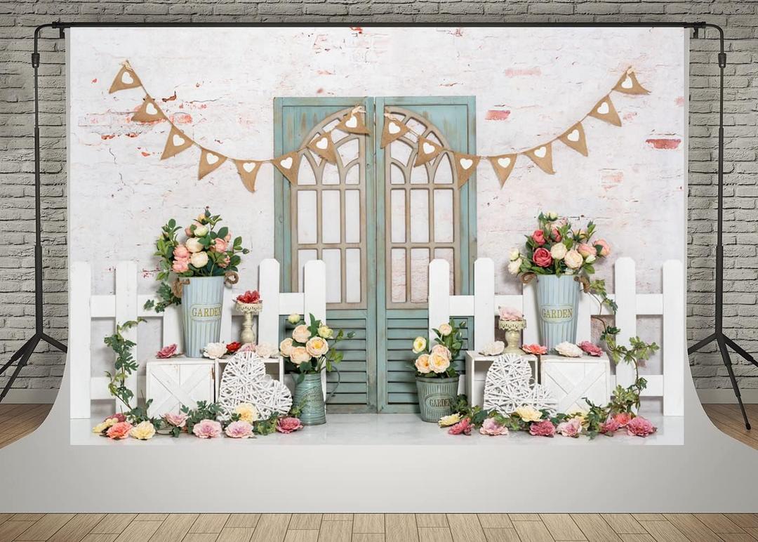 Kate 7x5ft Microfiber Spring Pink Flowers Photography Backdrop Garden White Wood Fence Blue Door Happy Birthday Party Photobooth Backgrounds Video for Photographer