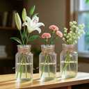 3 Glass Bud Vases 6.5 H, Mason Jars with 3 Fake Eucalyptus Centerpiece Vases with Hemp Rope for Weddings Parties Farmhouse Decor