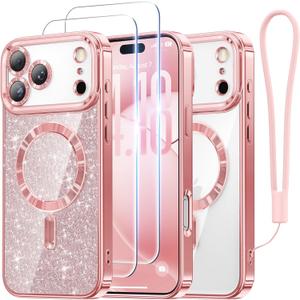 Meifigno Designed for iPhone 17 Pro Max Case 6.9", [Glitter Card & Wrist Strap] [Compatible with MagSafe] [2X HD Screen Protectors] Surround Raised Lens Protection for 17 ProMax Phone Case, Rose Gold
