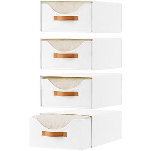 4 Pcs Closet Drawers and Large Size Clothes Storage Bins Push-Out Storage Stackable Shelf Drawers with See-Through Window Closet Organizers for Bedroom, Living Room, Under Bed, White