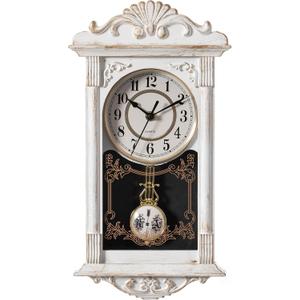 Clockswise Vintage Grandfather-Style Wall Clock with Wood-Effect Plastic Pendulum Battery-Operated for Home Decor Living Room Home Office Kitchen or Dining Room (White, 16 Inch)
