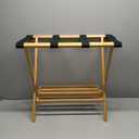 Household Essentials Fully Assembled Folding Luggage Rack with Lower Storage Shelf | Bamboo Frame with Black Straps