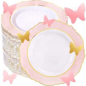 WDF 60pcs Pink Dessert Plates - 7.5inch Baroque Pink &White Disposable Dessert/Salad/Appetizer Small Cute Cake Plates for Upscale Parties &Wedding-Special for Bridal Shower, Brithday, Baby Shower