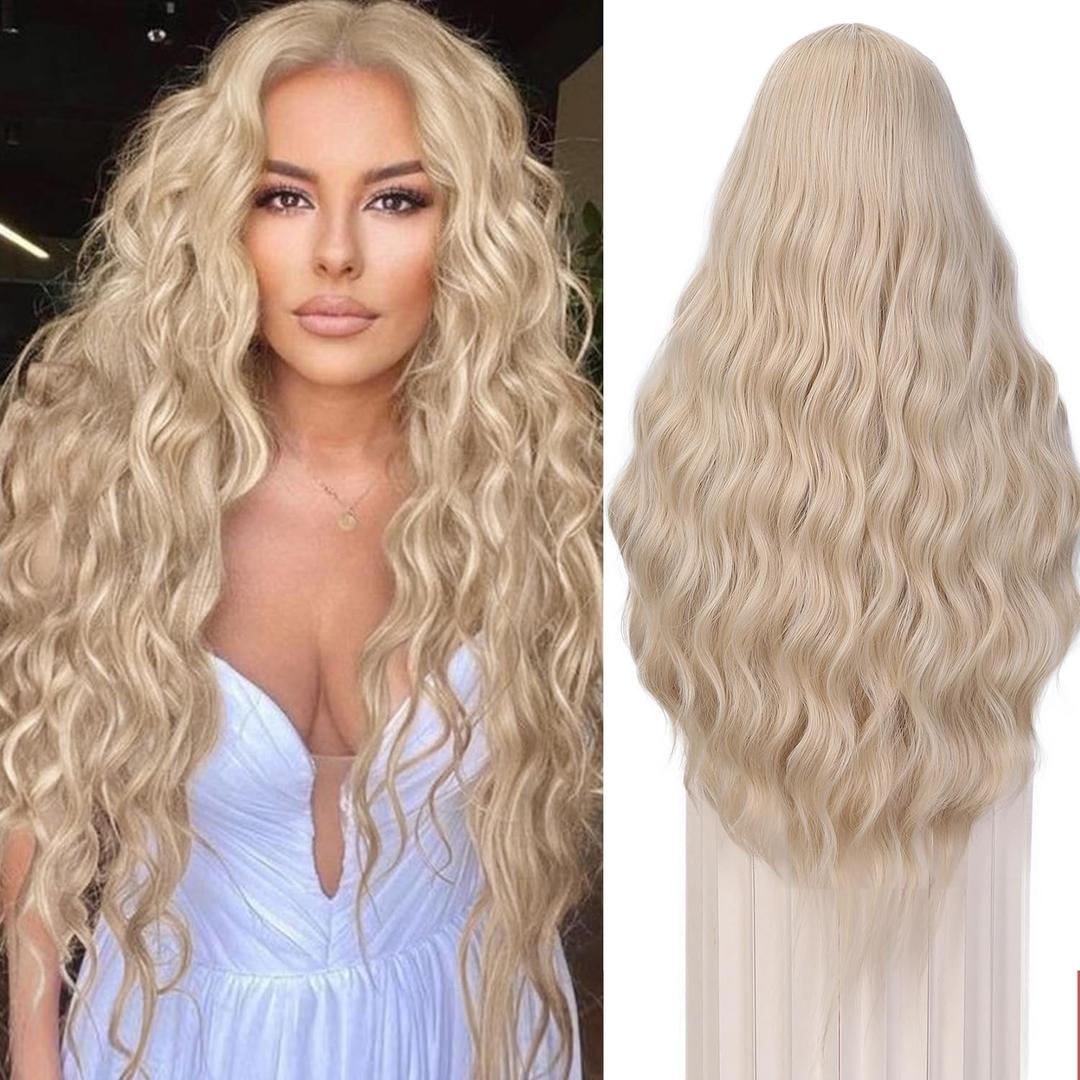 Quantum Love 28 Inches Curly Platinum Blonde Wig Long Wavy lace front Blonde Wig for Women Synthetic Middle Part Cosplay Wigs for Halloween Daily Party Use