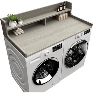 Washer Dryer Countertop, 54" x 27.55" 2-Tier Washer Dryer Topper with Edge, for Laundry Room Organization Pale Grey Wood