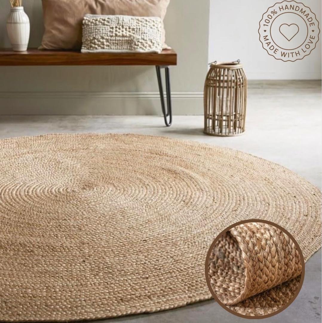 Jute Rug 8ft Round Area Rug Hand Woven Jute Beige Braided Boho Rug for Living Room Outdoor Bedroom Kitchen Entryway Farmhouse Hallway, Rustic Vintage Natural Reversible Floor Rugs: Natural