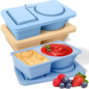 AIERSA Reusable Snack Containers with Lids, 3 Pack Silicone three/2 Compartment Snack Box Container, Divided Grab and Go Snack Container for Take-out Condiments, Sauce