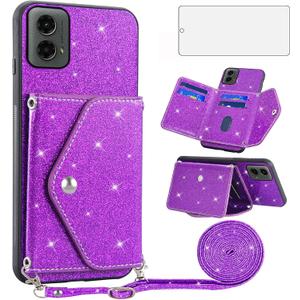 Asuwish Phone Case for Motorola Moto G 5G 2024 Wallet Cover with Tempered Glass Screen Protector and Crossbody Strap Lanyard Bling Glitter Credit Card Holder Cell Accessories G5G 5 G G5 Girls Purple