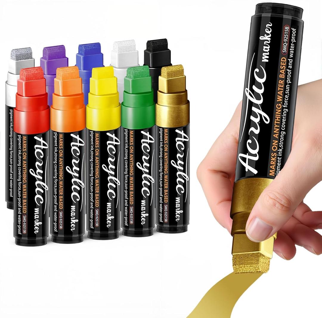 Acrylic Paint Markers, 10 Colors Poster Markers Jumbo 16mm Wide Tip Permanent Ink 36g, Thick Acrylic paint pens for Fabric, Poster, Glass, Rock Painting, Stone, Wood, Car, Ceramic (10 Colors - Red, Orange, Yellow, Green, Blue, Purple, Black, White, Gold and Silver)