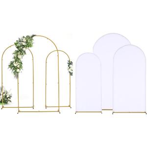 Vincidern Wedding Arch Backdrop Stand and Cover Set, (7.2FT, 6.6FT, 5.9FT), 3 Gold Metal Arch Stands, 3 White Spandex Arch Covers for Parties, Birthdays, Baby Showers, Bridal, Banquets, Ceremonies