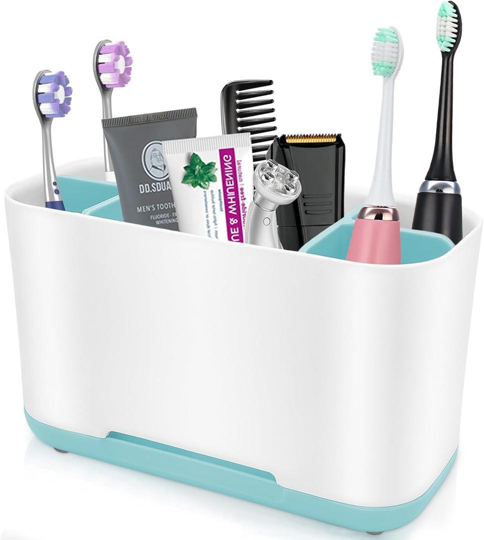Toothbrush Holder with Anti-Slip, Plastic Detachable for Easy Cleaning Multi-Functional Storage, Large Electric Toothbrush and Toothpaste Organizer Caddy for Bathroom Vanity, Sink, Countertop (Blue)