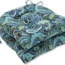 Pillow Perfect Paisley Indoor/Outdoor Chairpad with Ties, Reversible, Tufted, Weather, and Fade Resistant, 15.5" x 16", Blue/Green Pretty, 2 Count