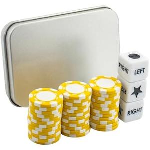 Left Right Center Dice Game Set with 3 Dices + 36 Yellow Poker Chips and Silver Storage Box