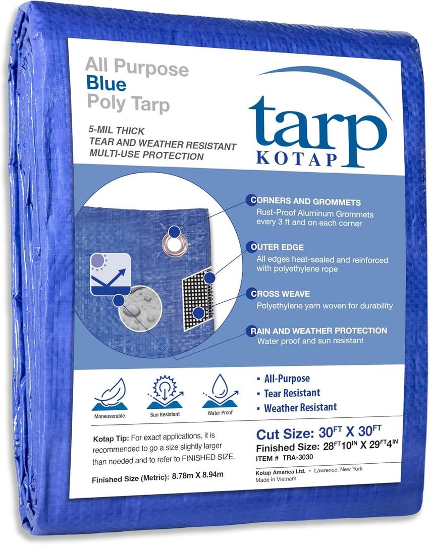 Kotap 30 x 30 ft All-Purpose Multi-Use Protection/Coverage 5-mil Poly Tarp, Waterproof, Blue, (TRA-3030)