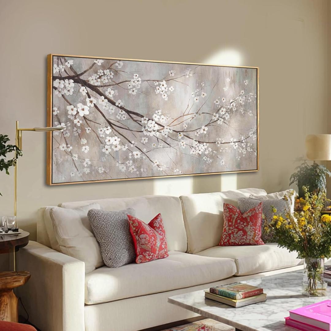 XIANSHOU Plum blossom Wall Decor White Flowers Painting on Canvas Nature Wall Art for Bedroom 24"x 48" Wall Decorations for Living Room Office