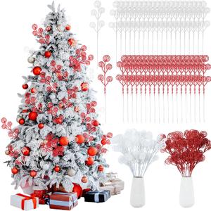 Riceshoot 50 Pcs Christmas Tree Picks and Sprays Artificial Glitter Stem Ornaments Curly Decorative Sticks for Vases Tall Candy Christmas Tree Twigs for Wedding Holiday Party Decoration(Red, White)