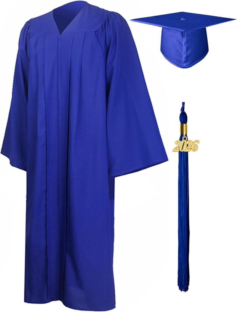 GraduationMall Matte Graduation Gown Cap Tassel Set 2026 for High School and Bachelor (45 Plus, Royal)