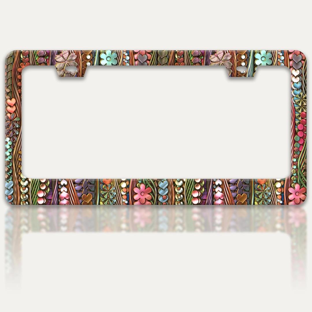 Shell Flower Print License Plate Frame Funny Floral License Plate Holders Stainless Steel Auto Accessory Bracket 2 Hole with Screws for US Vehicles 6x12 Inch for Women Men
