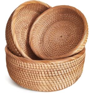 Rattan Fruit Basket for Kitchen Counter, Natural Wicker Bread Basket for Serving, Hand Woven Food Baskets, Decorative Bread Baskets for Serving, Fruits, Snacks, Candies, Nuts, Keys, Etc.(Round-Combo)