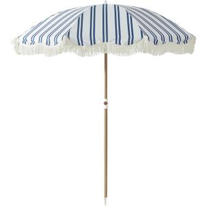 6FT Stripe Fringe Beach Umbrella for Sand with Sand Anchor, UPF 50+ Sun Shade with Tassels, Adjustable Tilt Pole, Portable Coastal Umbrella for Beach & Pool, Heritage Ocean Blue Stripe