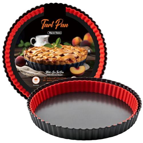 Maywe Tanso Tart Pan with Removable Bottom,10 Inch Tart and Quiche Pan,Non-stick Round Carbon Steel Deep Fluted Pie Pan with Crust Shaper Ring - Quiche Baking Dish Tart Pans For Baking Party Festival