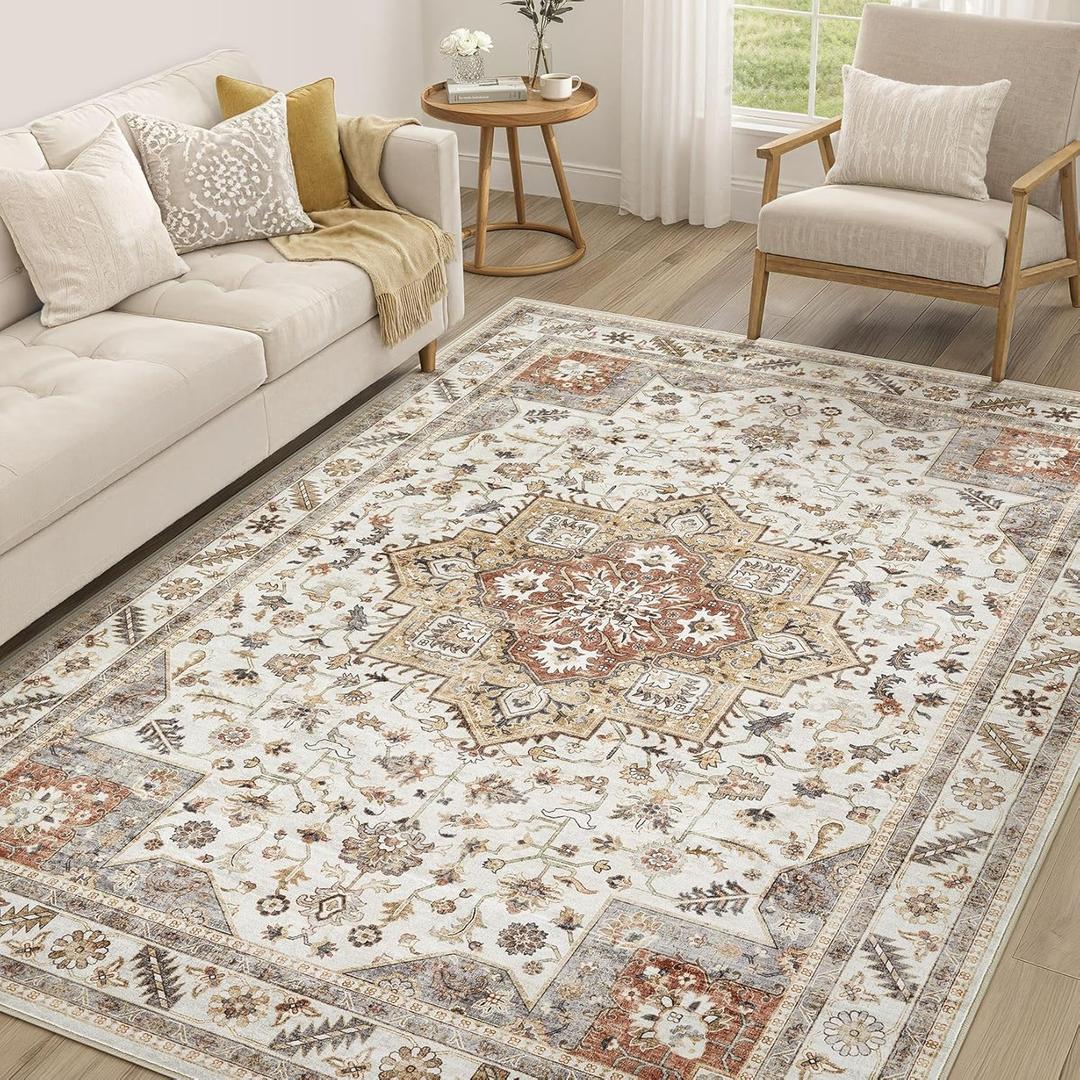 Vintage Living Room Area Rug 6x9 - Large Soft Washable Oriental Traditional Distressed Farmhouse Rugs for Bedroom - Indoor Floor Accent Carpet for Home Office House Decor - Golden Taupe