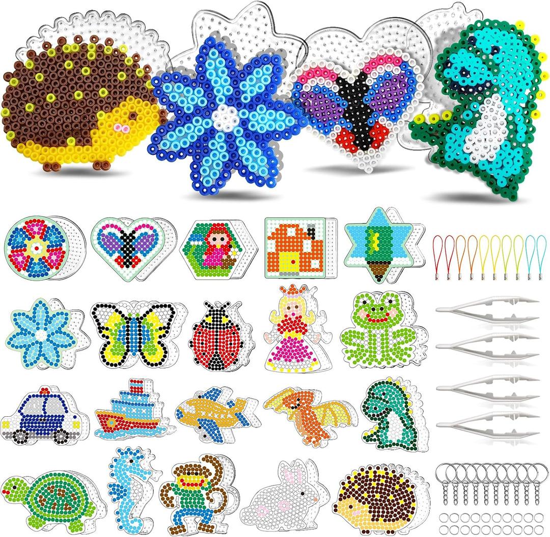 FUNZBO 20 pcs Pegboards for 5mm Fuse Beads Project- Animal Shape Pegboards for Arts and Crafts with Keychains, Hang Ropes and Tweezers, Gifts for Boys and Girls (Beads Not Included)