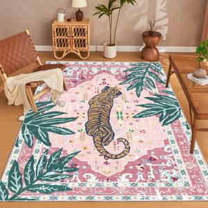 4x6 Washable Non-Slip Area Rug, Tropical Pink Boho Vintage Jungle Tiger Rug, Soft Cozy Faux Cashmere Low Pile Animal Print Rug for Girls Room, Nursery, Entryway, Easy to Clean Decorative Carpet