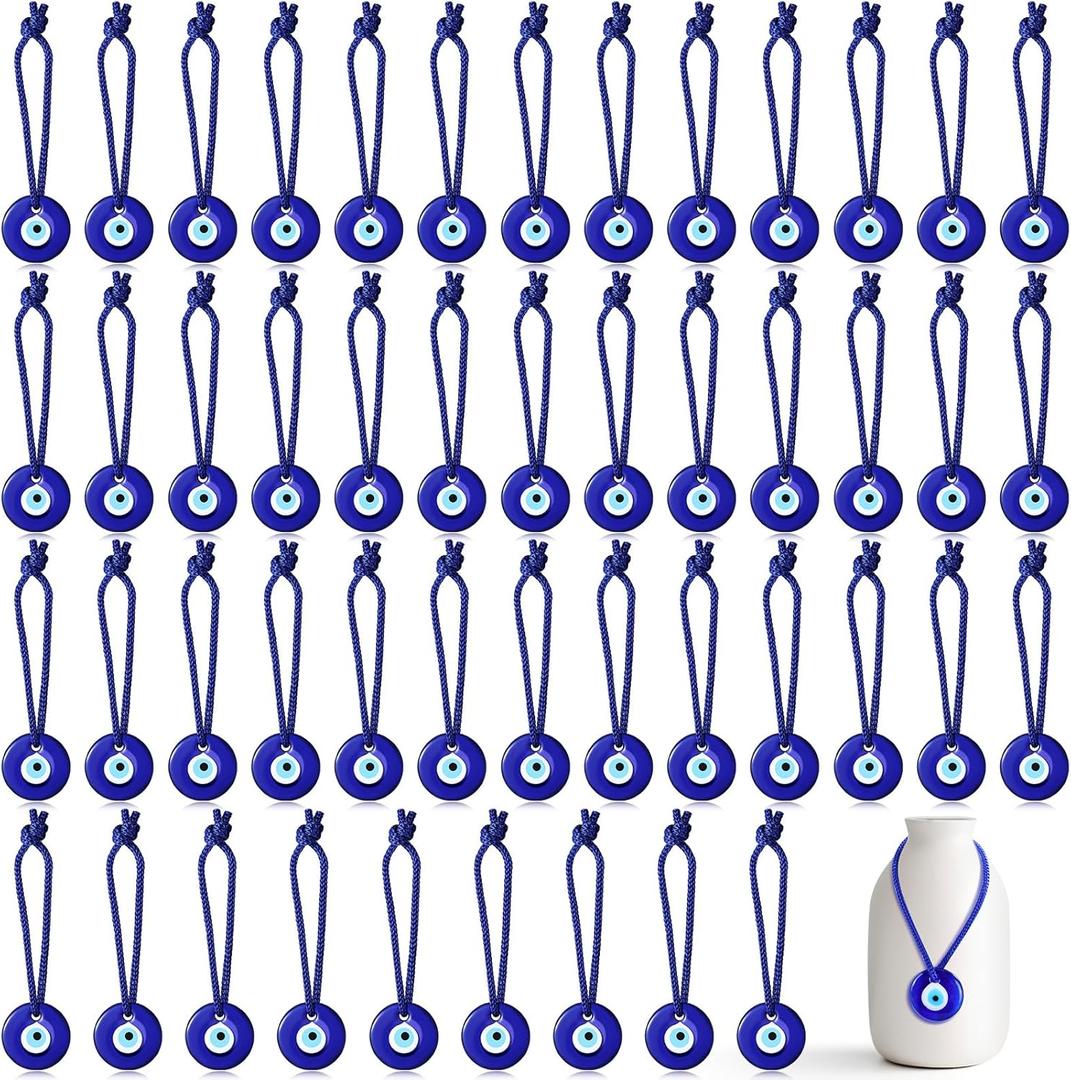 Jexine 50 Pcs Turkish Blue Evil Eye Beads Charms Evil Eye Pendants Crafting Glass Beads Wall Car Mirror Hanging Decor with Ropes for Home Decorative Ornaments Keychain Jewelry (1'')