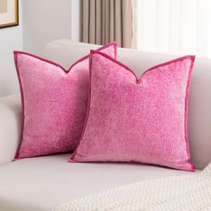 FUTEI Hot Pink Chenille Throw Pillow Covers 26x26 Inch Set of 2,Soft Cozy Bound Edge Design Euro Pillow Sham, Home Decor for Couch Bed Living Room