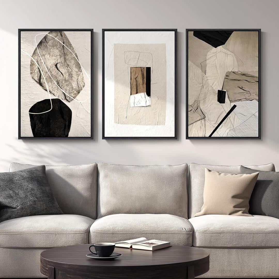 Large Framed Neutral Abstract Wall Art, 3 Piece Modern Canvas Prints Paintings Artwork for Walls, Minimalist Black Beige Pictures for Living Room Hallway Dining Room Bedroom Wall Decor -Total 30x60 In