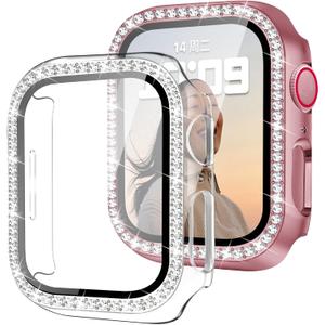 2 Pack Bling Case with HD Screen Protector Compatible with Apple Watch Series 1 2 3 38mm, Women Glitter Diamond Rhinestone Bumper Face Cover for iWatch Accessories 38mm Clear/Pink