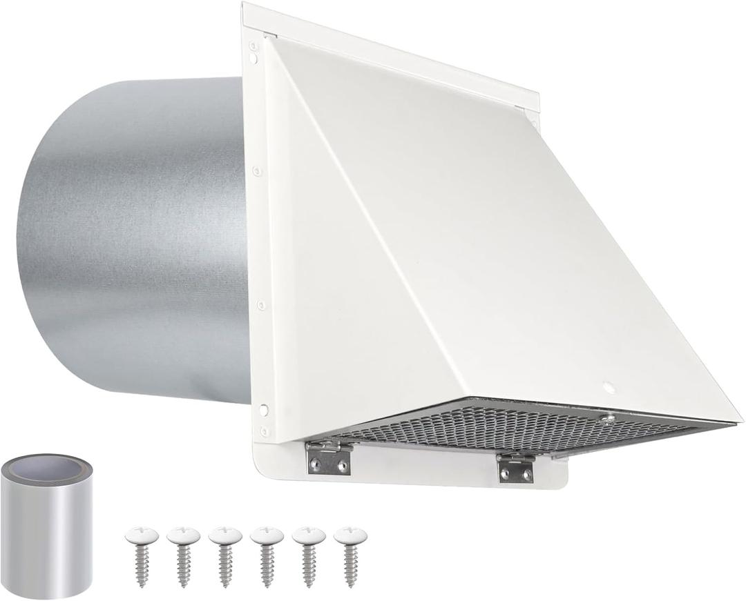 8 Inch Hooded Wall Vent with Screen and Damper,Outdoor Wall Exhaust Vent Cover Cap for Kitchen Range Hood Dryer Duct Ventilation &Exterior Air Exhaust Applications, Galvanized Steel, White